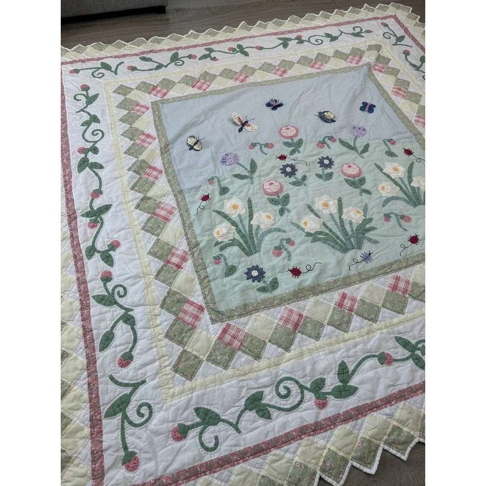 Vintage Handmade Quilt Cottagecore Floral Ladybug Butterfly Quilt 79x79